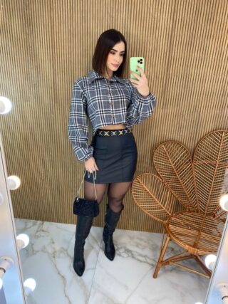 Cropped Feminino Manga Longa Xadrez Nina Cinza Escuro - Fernanda Ramos Store