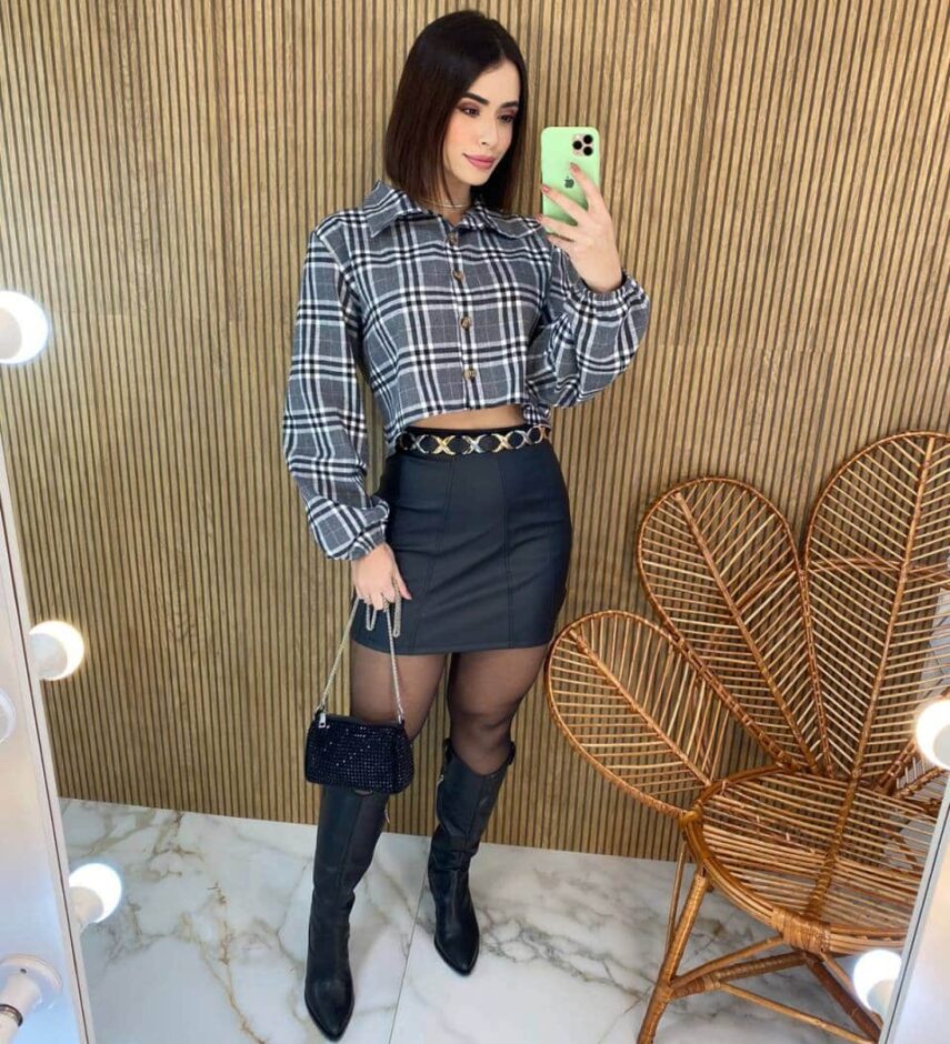 Cropped Feminino Manga Longa Xadrez Nina Cinza Escuro - Fernanda Ramos Store