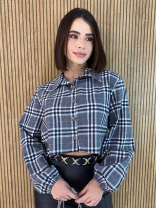 Cropped Feminino Manga Longa Xadrez Nina Cinza Escuro - Fernanda Ramos Store