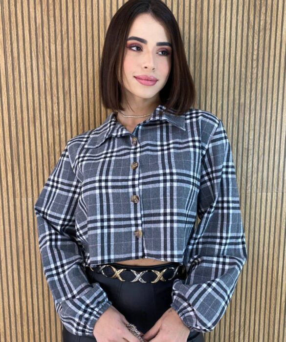 Cropped Feminino Manga Longa Xadrez Nina Cinza Escuro - Fernanda Ramos Store