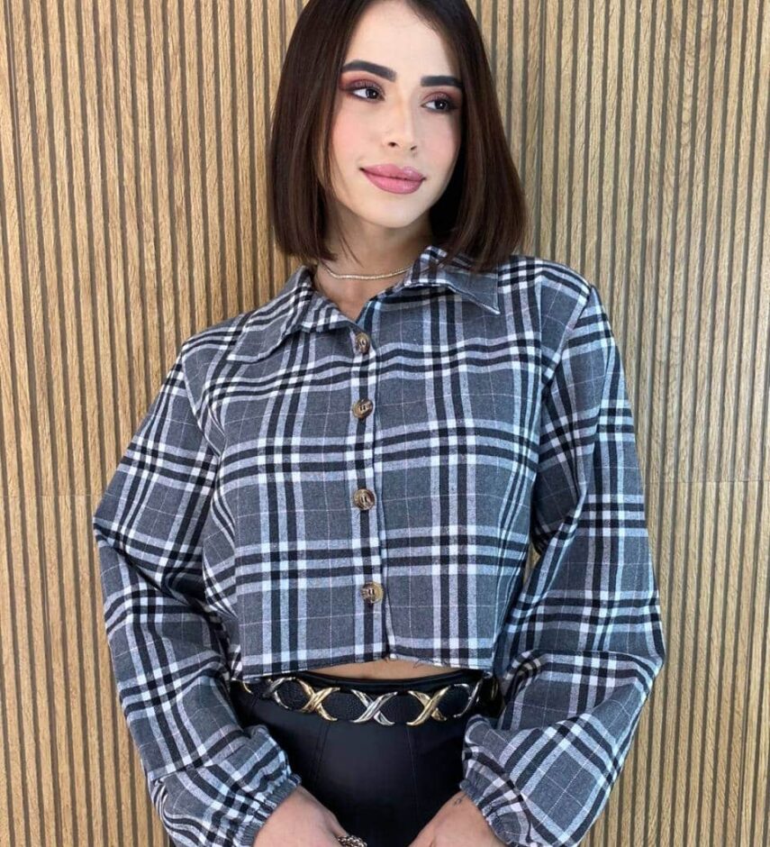 Cropped Feminino Manga Longa Xadrez Nina Cinza Escuro - Fernanda Ramos Store
