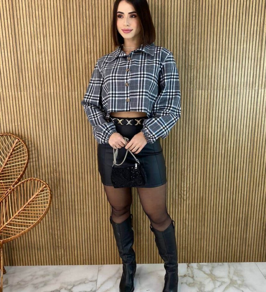Cropped Feminino Manga Longa Xadrez Nina Cinza Escuro - Fernanda Ramos Store