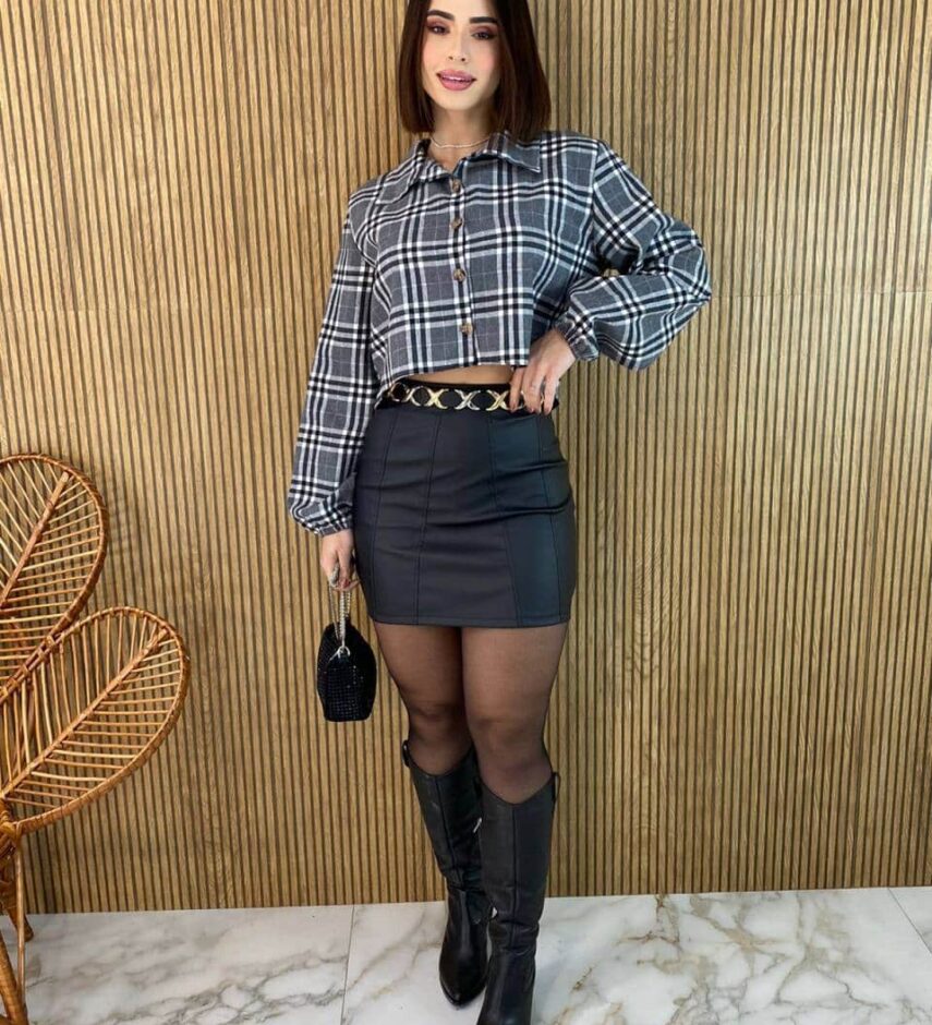 Cropped Feminino Manga Longa Xadrez Nina Cinza Escuro - Fernanda Ramos Store