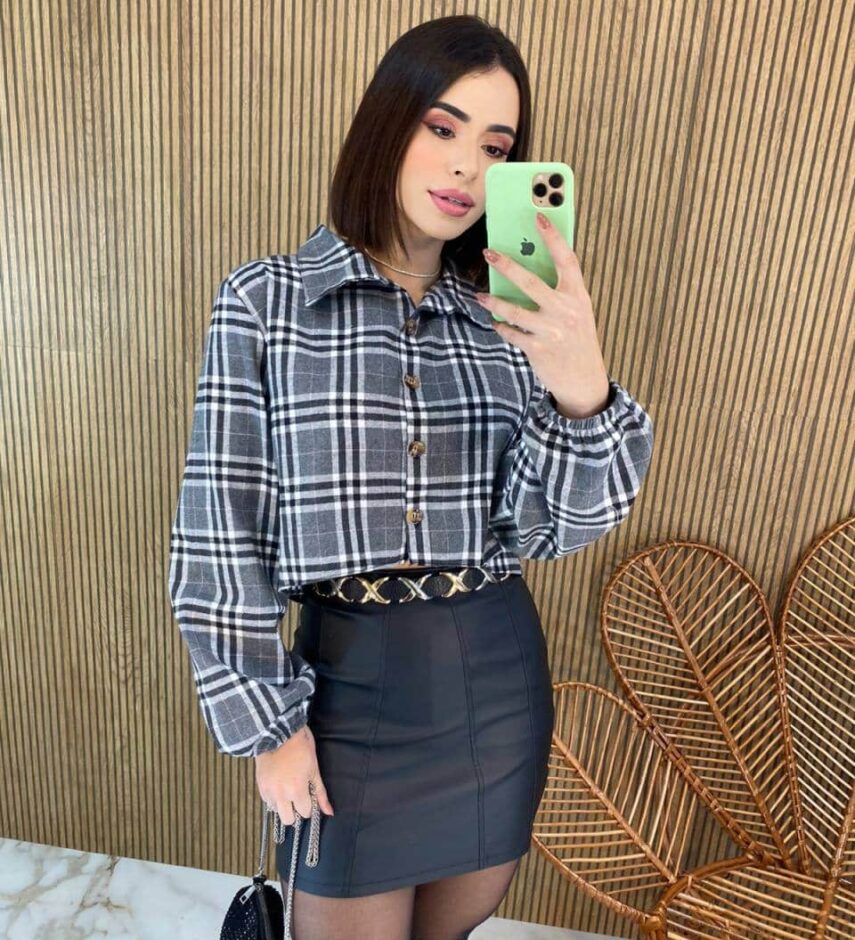 Cropped Feminino Manga Longa Xadrez Nina Cinza Escuro - Fernanda Ramos Store