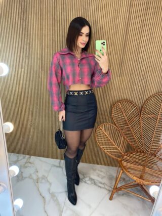 Cropped Feminino Manga Longa Xadrez Nina Rosa - Fernanda Ramos Store