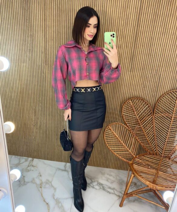 Cropped Feminino Manga Longa Xadrez Nina Rosa - Fernanda Ramos Store