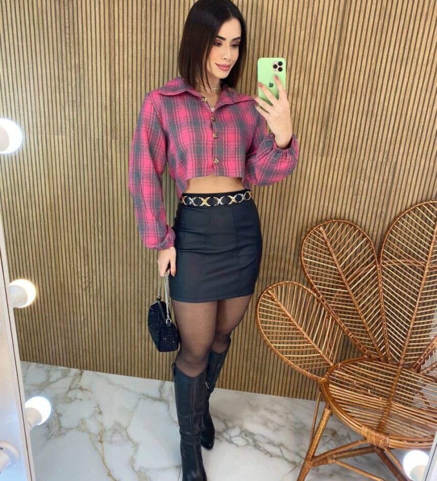 Cropped Feminino Manga Longa Xadrez Nina Rosa - Fernanda Ramos Store