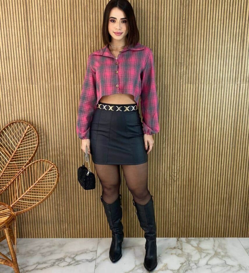 Cropped Feminino Manga Longa Xadrez Nina Rosa - Fernanda Ramos Store