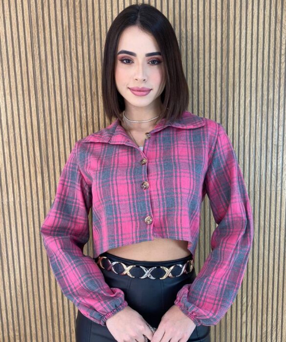 Cropped Feminino Manga Longa Xadrez Nina Rosa - Fernanda Ramos Store