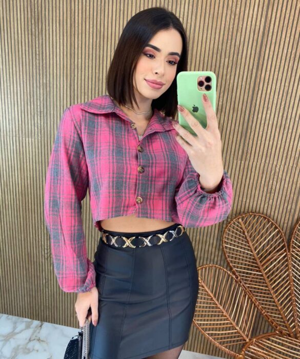 Cropped Feminino Manga Longa Xadrez Nina Rosa - Fernanda Ramos Store