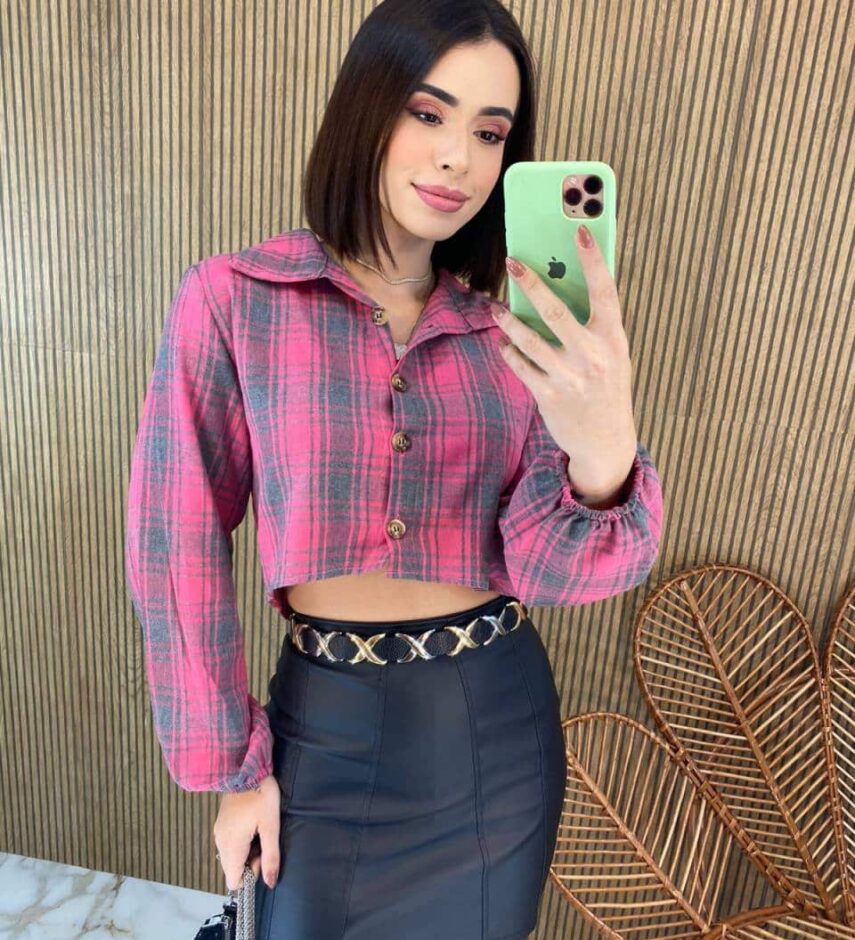 Cropped Feminino Manga Longa Xadrez Nina Rosa - Fernanda Ramos Store