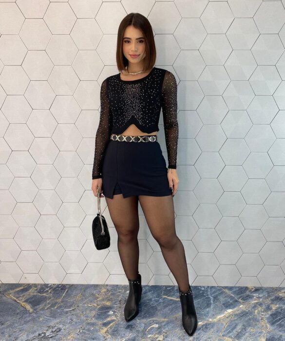 Cropped Feminino Tule Manga Longa Ayla com Aplicações - Fernanda Ramos Store