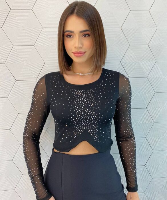 Cropped Feminino Tule Manga Longa Ayla com Aplicações - Fernanda Ramos Store