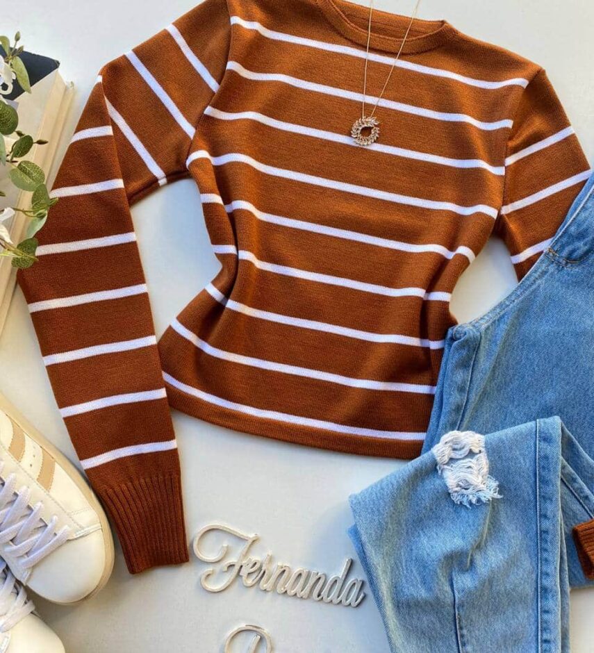 Cropped Manga Longa Modal Alongado Listrado Marrom e Branco - Fernanda Ramos Store