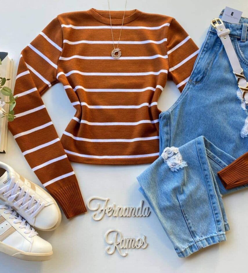 Cropped Manga Longa Modal Alongado Listrado Marrom e Branco - Fernanda Ramos Store