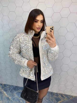 Jaqueta Feminina Puffer Branca de Paetê Prata - Fernanda Ramos Store