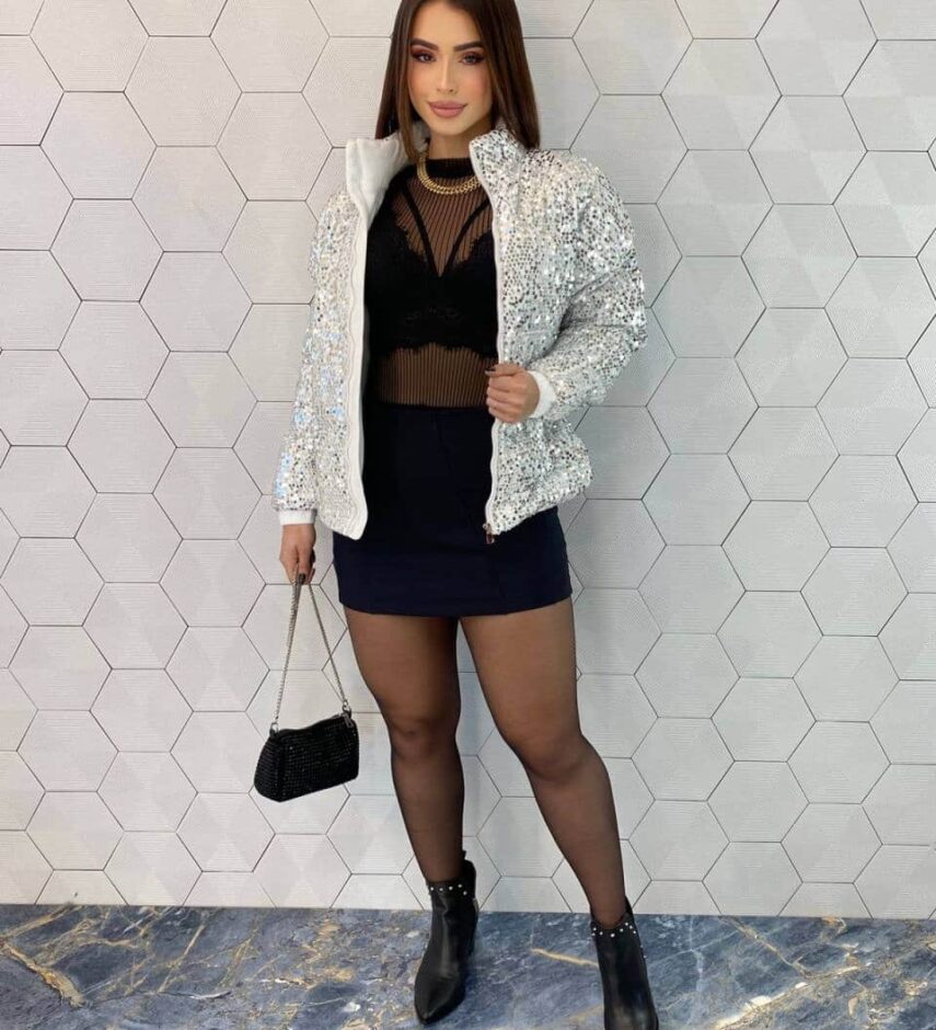 Jaqueta Feminina Puffer Branca de Paetê Prata - Fernanda Ramos Store