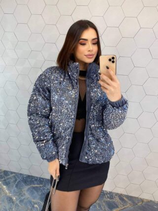 Jaqueta Feminina Puffer de Paetê Azul Fernanda Ramos Store