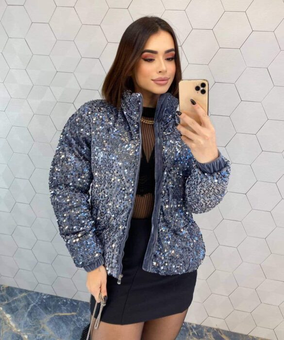 Jaqueta Feminina Puffer de Paetê Azul Fernanda Ramos Store