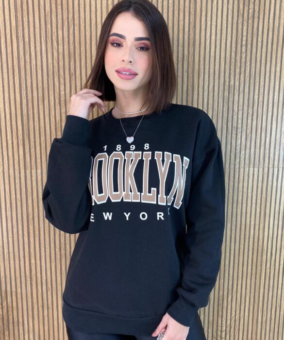 Moletom Feminino Manga Longa Brooklyn Preto - Fernanda Ramos Store