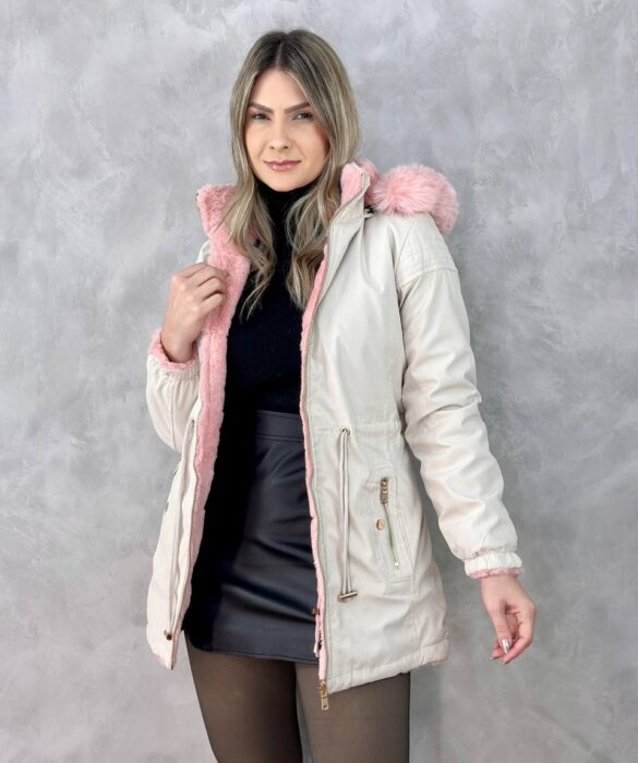 Parka Feminina Dupla Face Capuz Removível Bege Fernanda Ramos Store