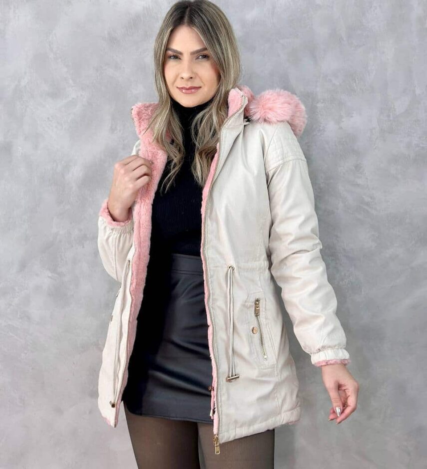 Parka Feminina Dupla Face Capuz Removível Bege Fernanda Ramos Store