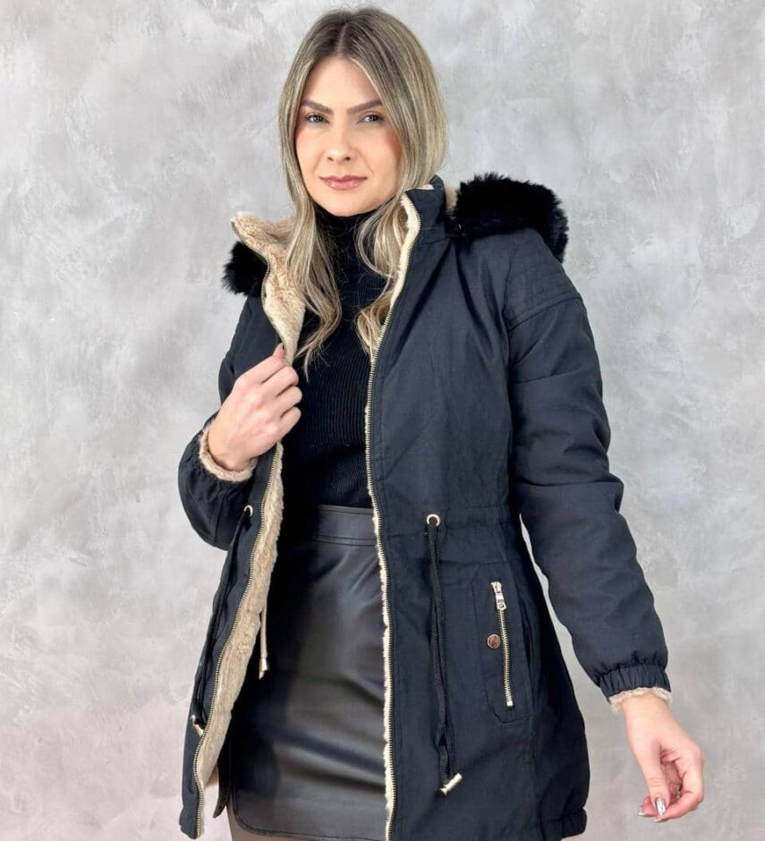 Parka Feminina Dupla Face Capuz Removível Preta Fernanda Ramos Store