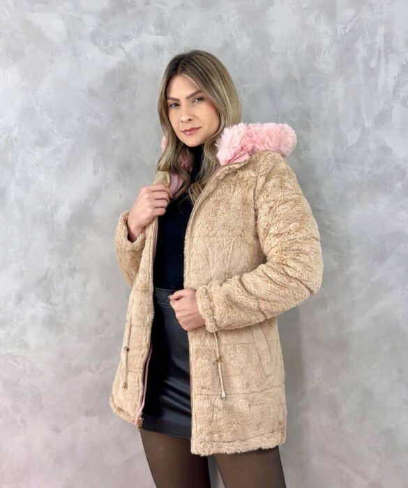 Parka Feminina Dupla Face Capuz Removível Rosa - Fernanda Ramos Store