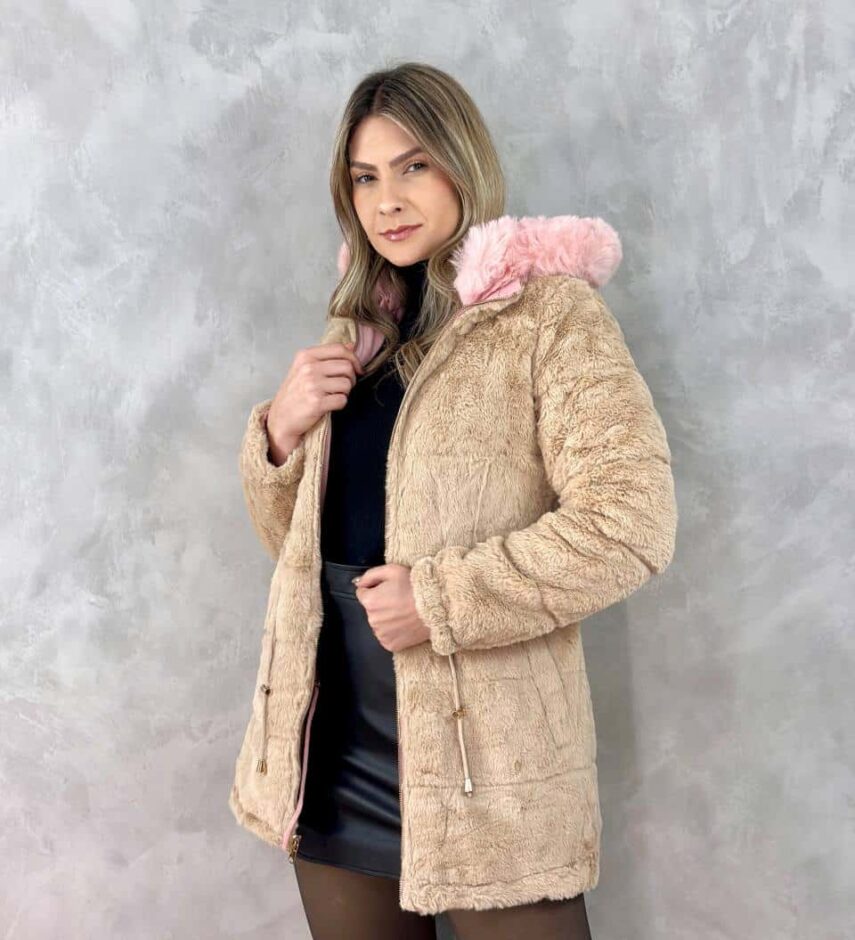 Parka Feminina Dupla Face Capuz Removível Rosa - Fernanda Ramos Store