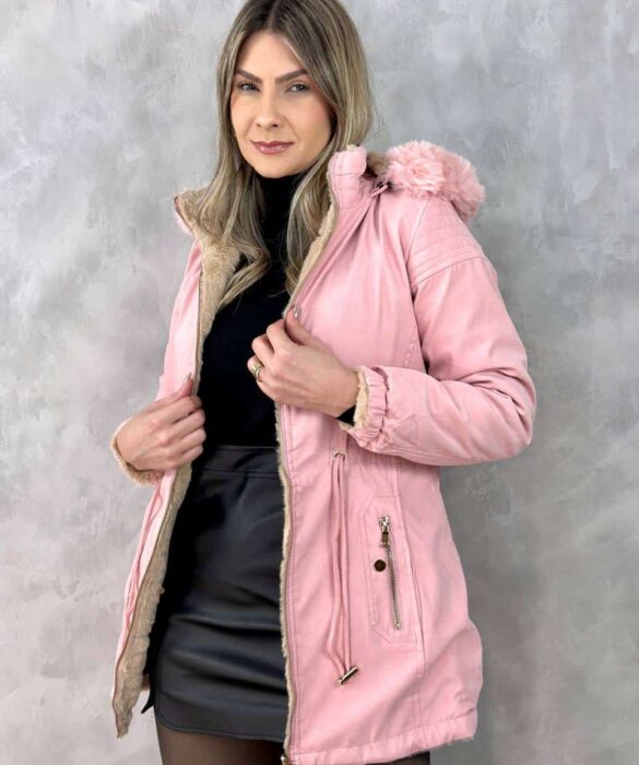 Parka Feminina Dupla Face Capuz Removível Rosa - Fernanda Ramos Store