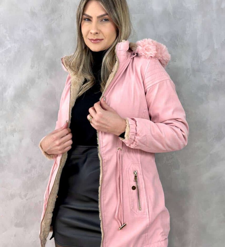 Parka Feminina Dupla Face Capuz Removível Rosa - Fernanda Ramos Store