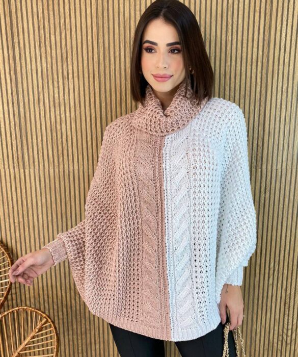 Poncho Feminino Tricot Ayla Rose e Branco Fernanda Ramos Store