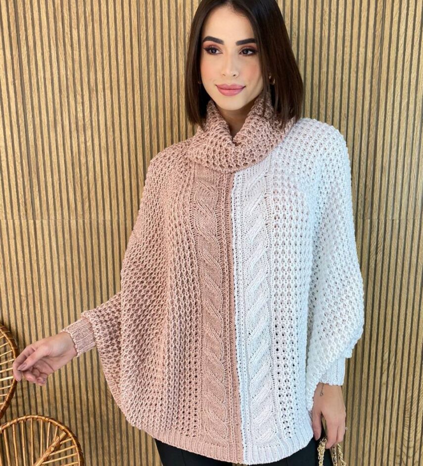 Poncho Feminino Tricot Ayla Rose e Branco Fernanda Ramos Store