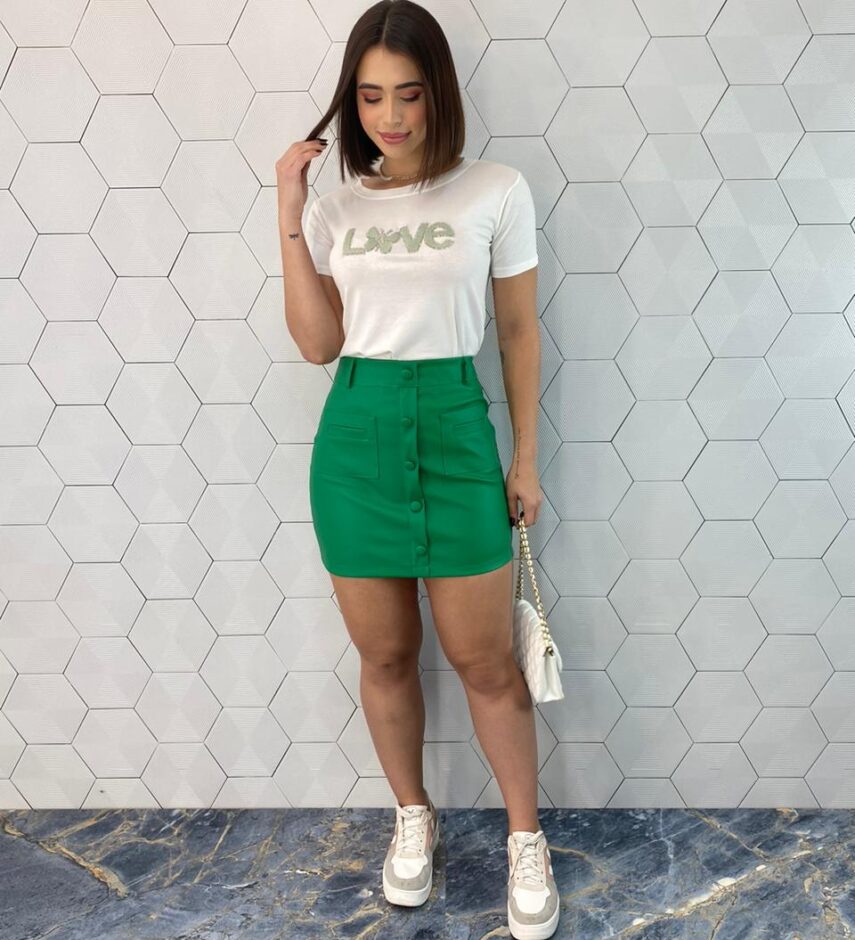 Saia Curta Feminina Couro Eco Maitê Verde - Fernanda Ramos Store