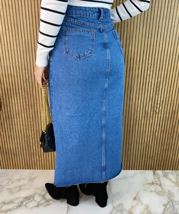 Saia Feminina Midi Jeans com Fenda - Fernanda Ramos Store