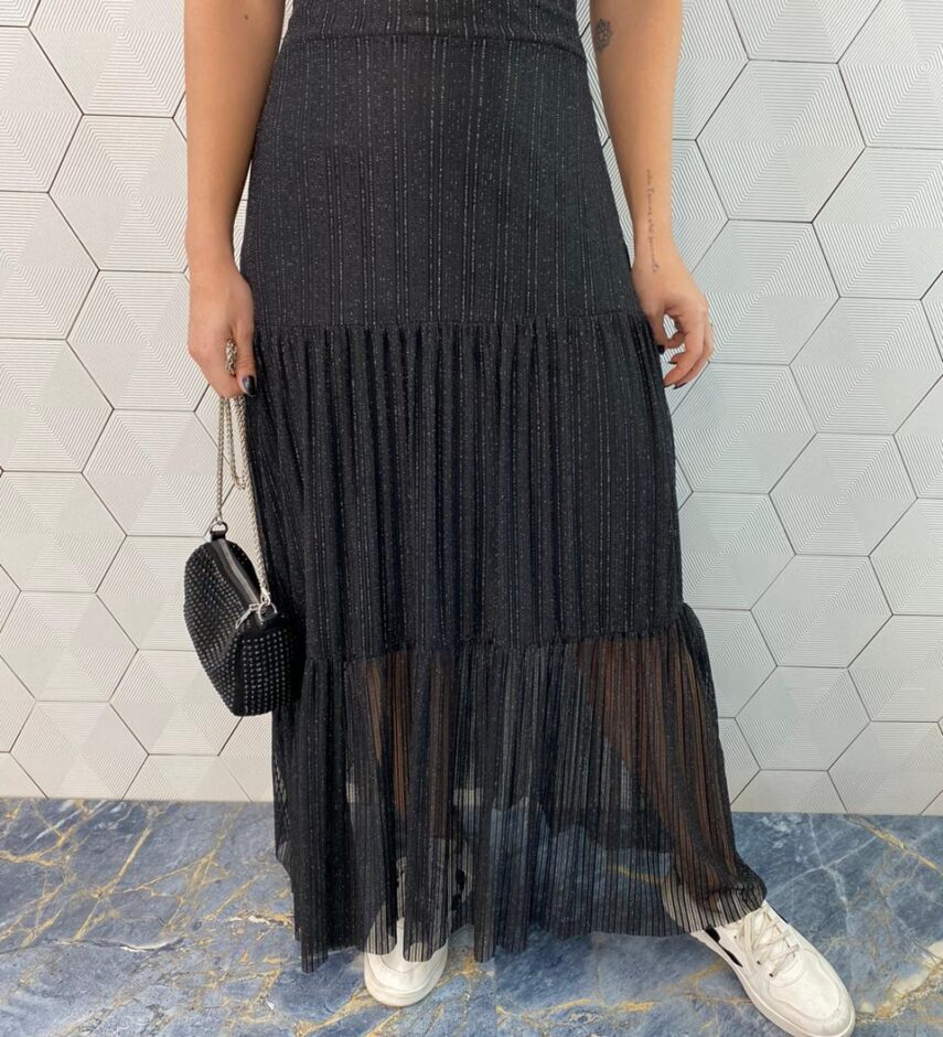Saia Longa Feminina Tule Lurex Luna Preta - Fernanda Ramos Store