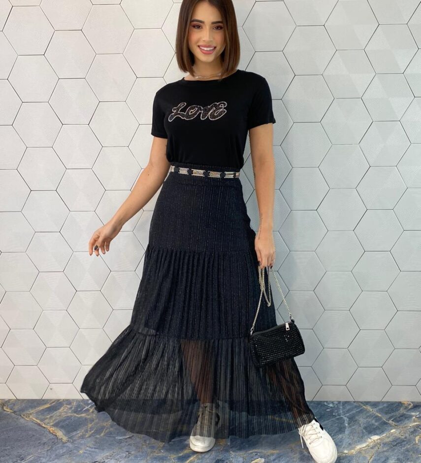 Saia Longa Feminina Tule Lurex Luna Preta - Fernanda Ramos Store