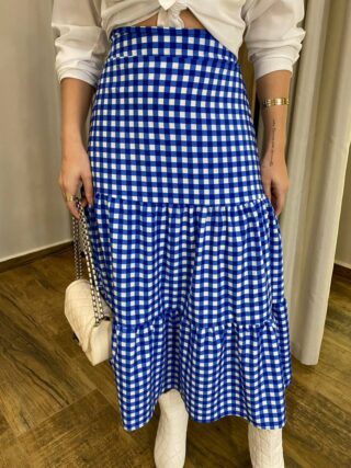 Saia Midi com Camadas Maisa Xadrez Azul - Fernanda Ramos Store