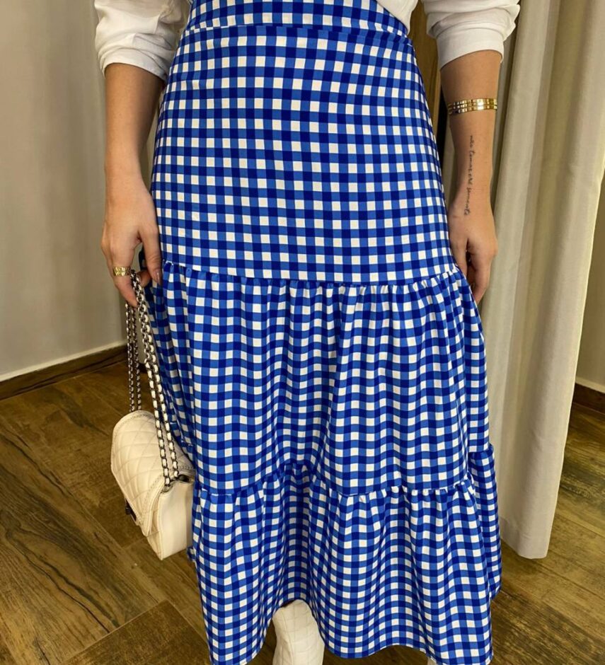 Saia Midi com Camadas Maisa Xadrez Azul - Fernanda Ramos Store