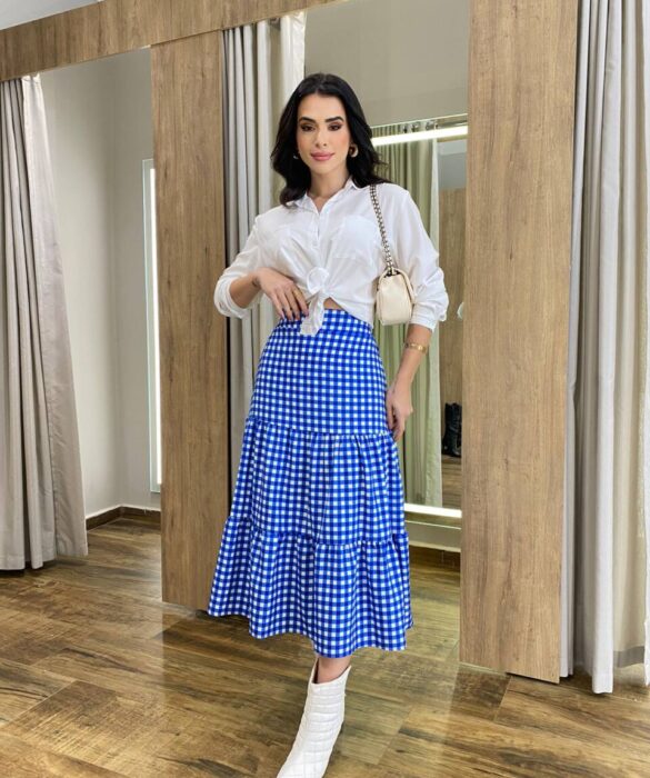 Saia Midi com Camadas Maisa Xadrez Azul - Fernanda Ramos Store