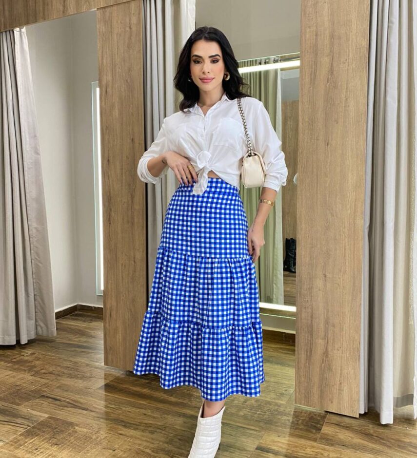 Saia Midi com Camadas Maisa Xadrez Azul - Fernanda Ramos Store
