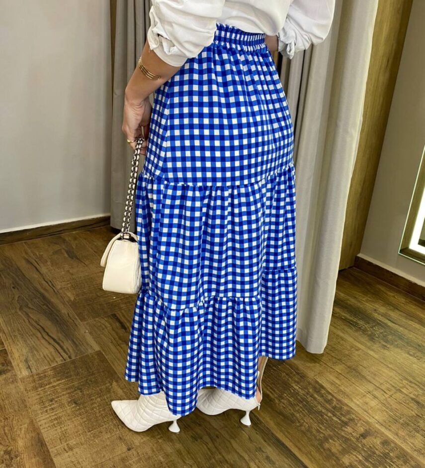Saia Midi com Camadas Maisa Xadrez Azul - Fernanda Ramos Store