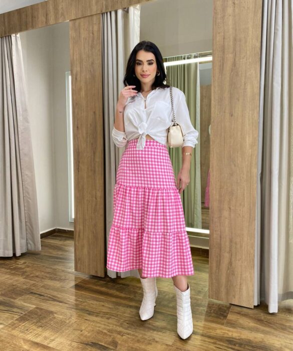 Saia Midi com Camadas Maisa Xadrez Rosa - Fernanda Ramos Store