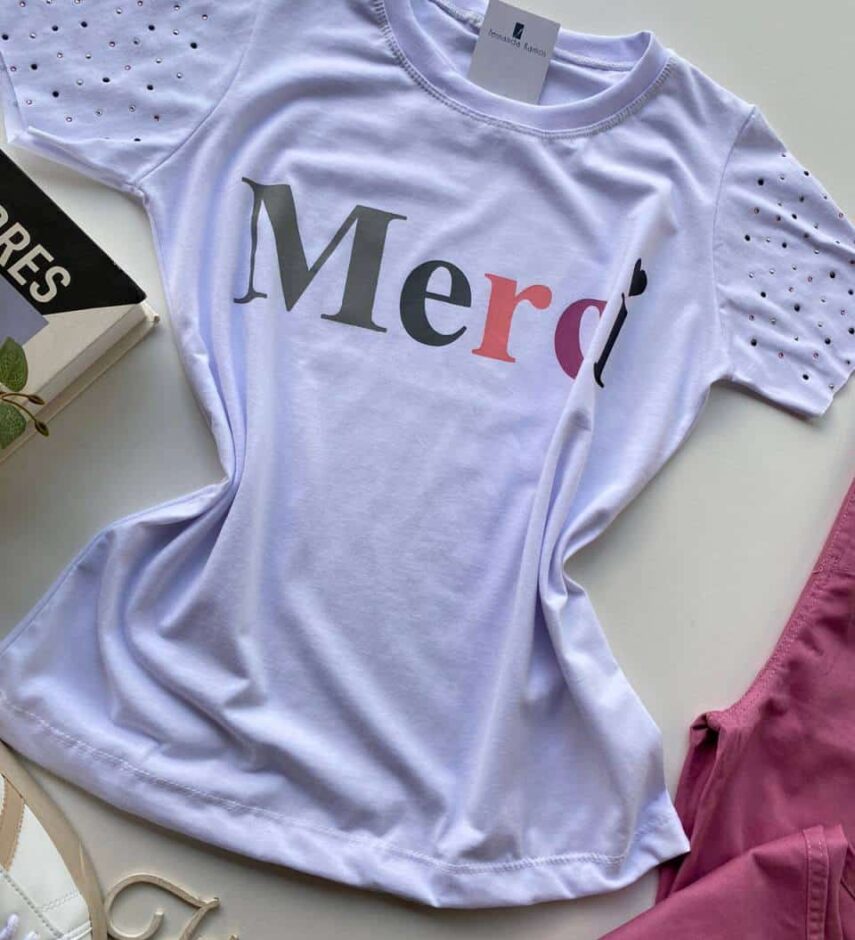 T-shirt Manga Curta com Aplicações Merci Branca - Fernanda Ramos Store