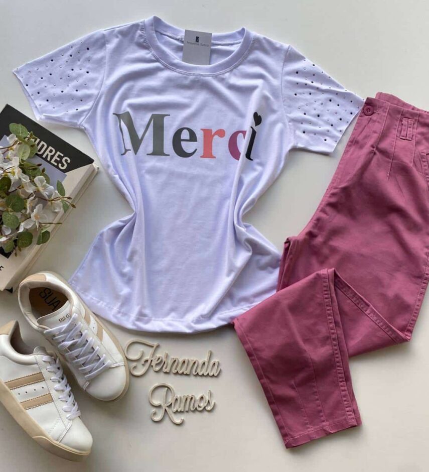 T-shirt Manga Curta com Aplicações Merci Branca - Fernanda Ramos Store