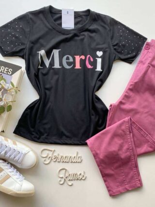 T-shirt Manga Curta com Aplicações Merci Preta - Fernanda Ramos Store