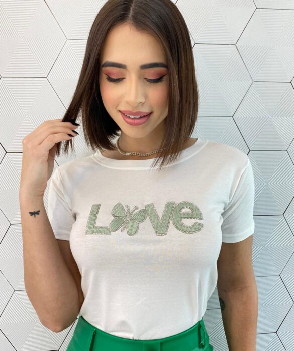 T-shirt Manga Curta Feminina Love Verde Off White - Fernanda Ramos Store