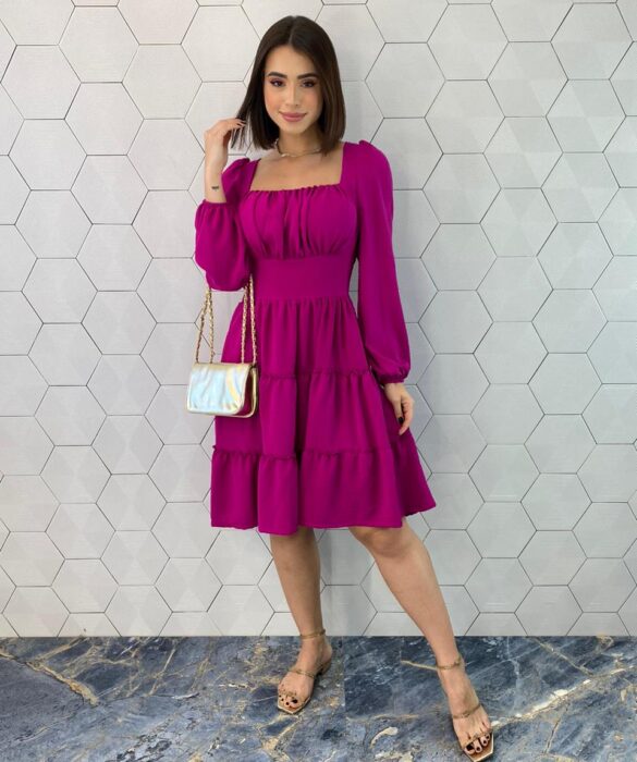 Vestido Curto Feminino com Bojo Manga Longa Jade Fúcsia - Fernanda Ramos Store