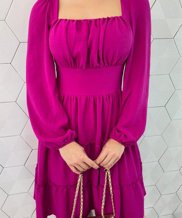 Vestido Curto Feminino com Bojo Manga Longa Jade Fúcsia - Fernanda Ramos Store