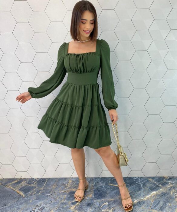 Vestido Curto Feminino com Bojo Manga Longa Jade Verde Militar - Fernanda Ramos Store